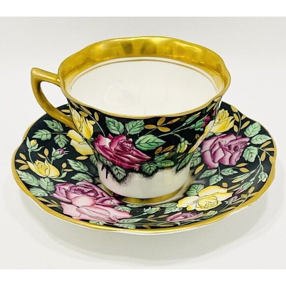 Vintage Rosina Pink & Yellow Roses Black & Gold Tea Cup & Saucer 4861 Bone China - Picture 6 of 9